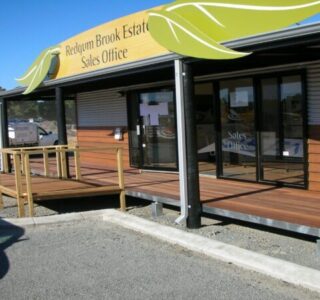 Modular sales office with deck at Redgum Brook Estate.