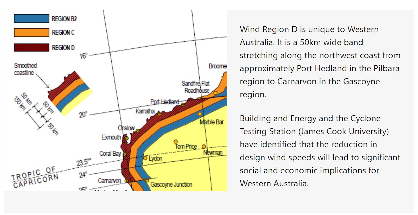 Map showing Wind Region D in Western Australia with description of its significance