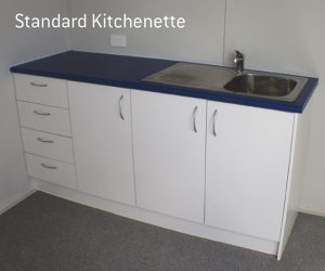 Standard kitchenette with sink, four drawers, and two cabinets.