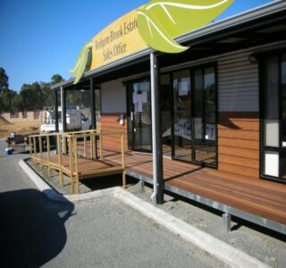 Modular sales office with deck at Redgum Brook Estate.