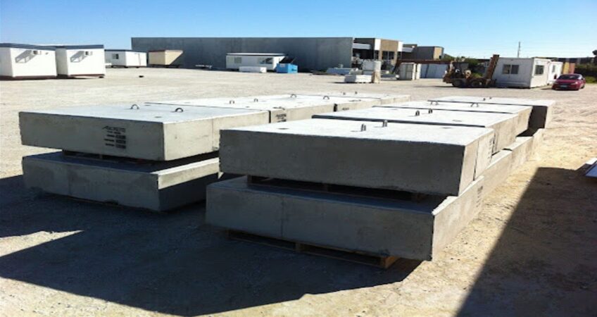 Stacks of precast concrete footings on pallets at a construction storage yard.